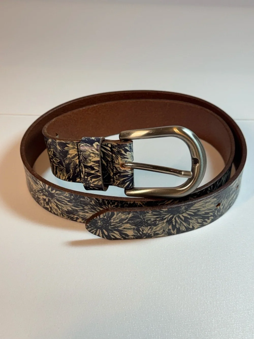 Patricia Nash Leather Floral Botanical Belt Navy Tan Size S